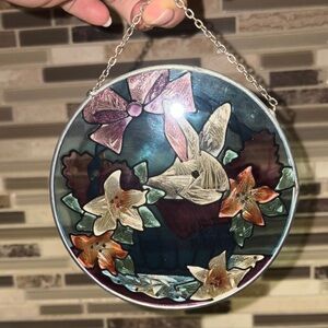 AMIA Vintage Stained Glass Bunny in Basket Hanging Window Art